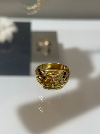 CHANEL Quilted Diamond Pattern Gold Statement Ring