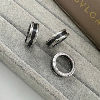 Bvlgari Black Ceramic Silver Ring with Red Accent – Elegant Luxury Jewelry