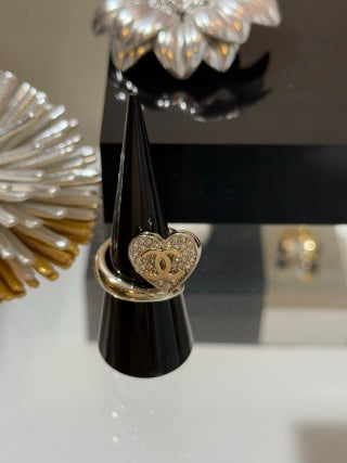 Chanel Gold and Silver Two-Tone Open Heart Ring with Full Pavé Diamonds