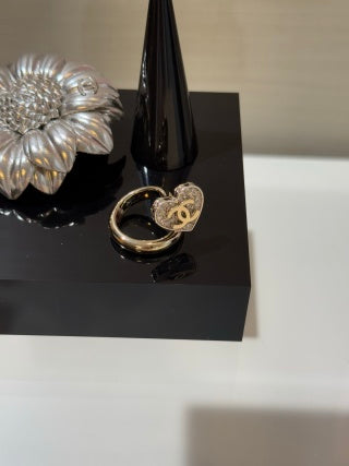 Chanel Gold and Silver Two-Tone Open Heart Ring with Full Pavé Diamonds