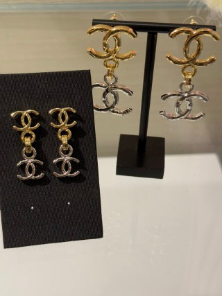 CHANEL Layered CC Link Statement Stud Earrings