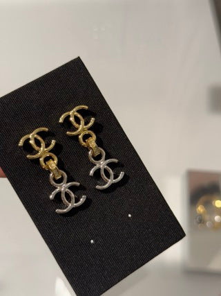 CHANEL Layered CC Link Statement Stud Earrings
