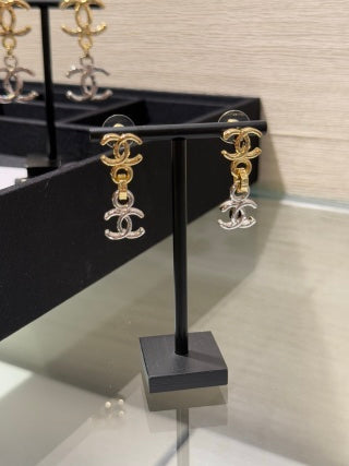CHANEL Layered CC Link Statement Stud Earrings