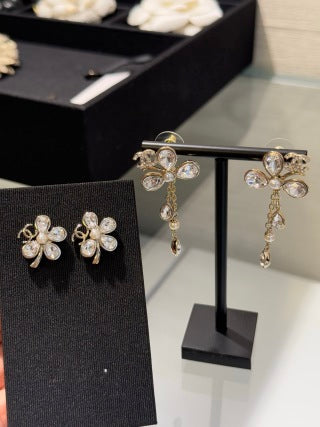 Chanel Clover Pearl Stud Earrings with Teardrop Crystals