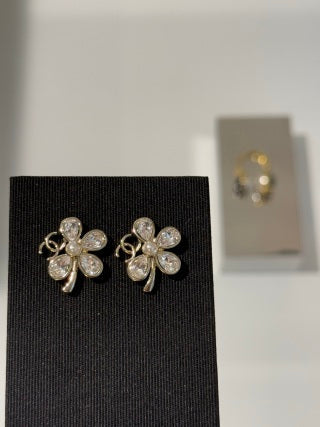 Chanel Clover Pearl Stud Earrings with Teardrop Crystals