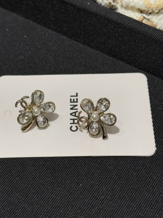 Chanel Clover Pearl Stud Earrings with Teardrop Crystals
