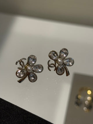 Chanel Clover Pearl Stud Earrings with Teardrop Crystals