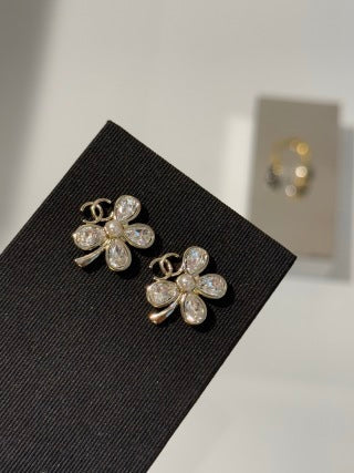 Chanel Clover Pearl Stud Earrings with Teardrop Crystals