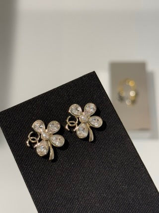 Chanel Clover Pearl Stud Earrings with Teardrop Crystals