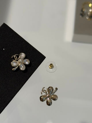 Chanel Clover Pearl Stud Earrings with Teardrop Crystals