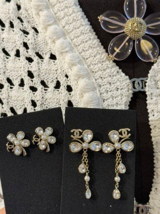 Chanel Clover Pearl Stud Earrings with Teardrop Crystals