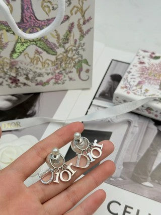 Dior J'Adior Pearl Crystal Logo Stud Earrings