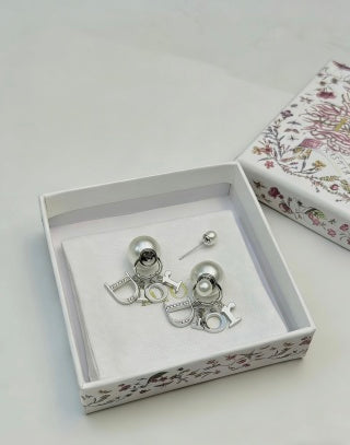 Dior J'Adior Pearl Crystal Logo Stud Earrings