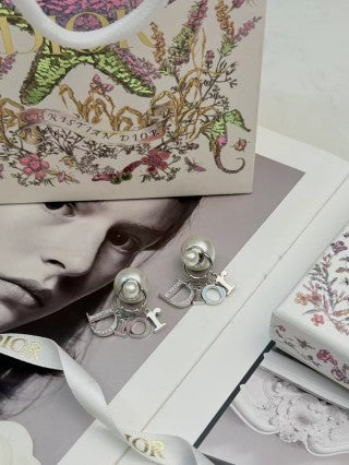Dior J'Adior Pearl Crystal Logo Stud Earrings