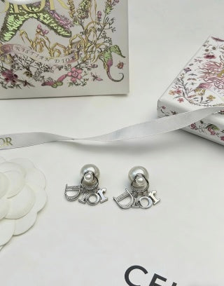 Dior J'Adior Pearl Crystal Logo Stud Earrings