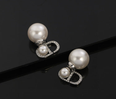 Dior Pearl CD Crystal Double Drop Stud Earrings