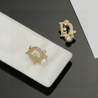 Dior CD Pearl Crystal Medallion Stud Earrings