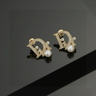 Dior CD Pearl Crystal Medallion Stud Earrings