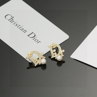 Dior CD Pearl Crystal Medallion Stud Earrings