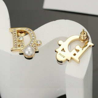 Dior CD Pearl Crystal Medallion Stud Earrings