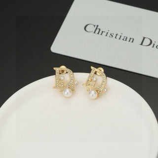 Dior CD Pearl Crystal Medallion Stud Earrings