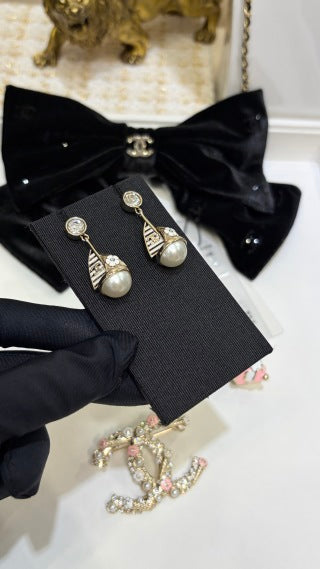 CHANEL Pearl Ribbon Drop Stud Earrings