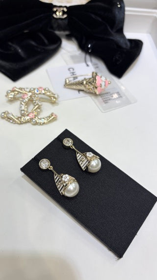 CHANEL Pearl Ribbon Drop Stud Earrings