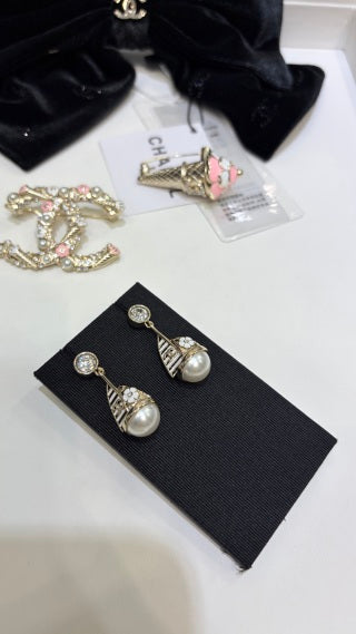 CHANEL Pearl Ribbon Drop Stud Earrings
