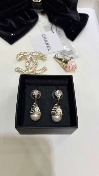 CHANEL Pearl Ribbon Drop Stud Earrings