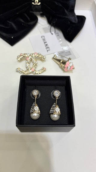 CHANEL Pearl Ribbon Drop Stud Earrings
