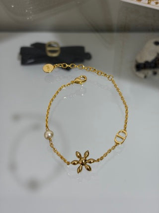 Dior Crystal Flower Charm Gold Chain Bracelet