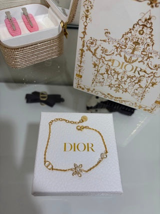 Dior Crystal Flower Charm Gold Chain Bracelet
