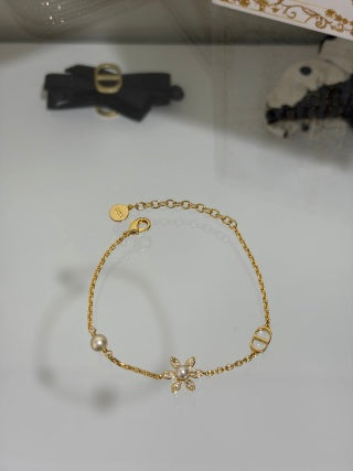 Dior Crystal Flower Charm Gold Chain Bracelet