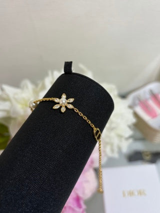 Dior Crystal Flower Charm Gold Chain Bracelet