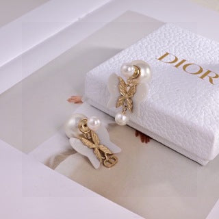 Dior Pearl Butterfly CD Drop Stud Earrings