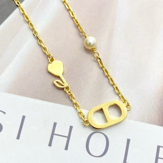 Dior CD Pearl Heart Charm Gold Bracelet