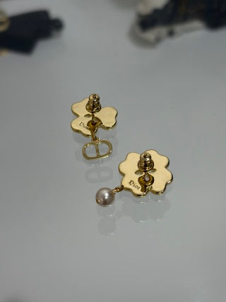 Dior Clover Pearl CD Charm Stud Earrings