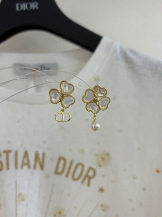 Dior Clover Pearl CD Charm Stud Earrings