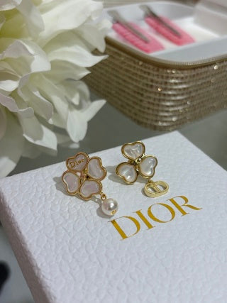 Dior Clover Pearl CD Charm Stud Earrings