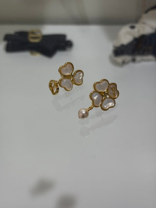 Dior Clover Pearl CD Charm Stud Earrings