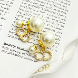 Dior Pearl CD Crystal Double Drop Stud Earrings