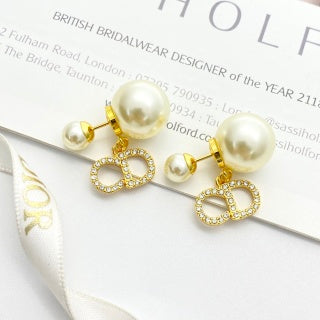 Dior Pearl CD Crystal Double Drop Stud Earrings