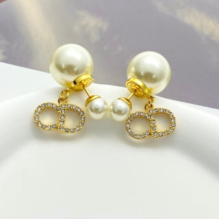 Dior Pearl CD Crystal Double Drop Stud Earrings