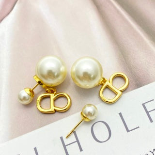 Dior Pearl CD Crystal Double Drop Stud Earrings