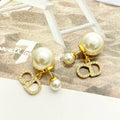 Dior Pearl CD Crystal Double Drop Stud Earrings