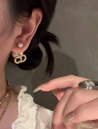 Dior Pearl CD Crystal Double Drop Stud Earrings