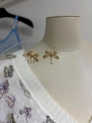 Dior Butterfly Pearl Crystal CD Stud Earrings