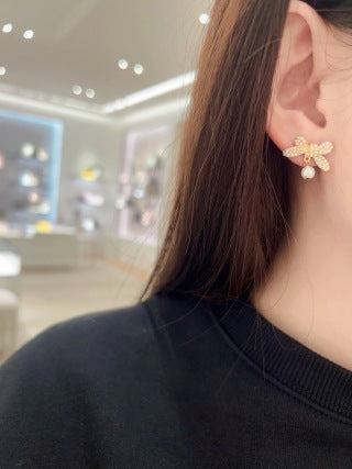 Dior Pearl Bow CD Charm Stud Earrings