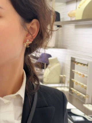 Dior Pearl Bow CD Charm Stud Earrings