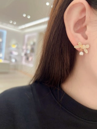 Dior Pearl Bow CD Charm Stud Earrings